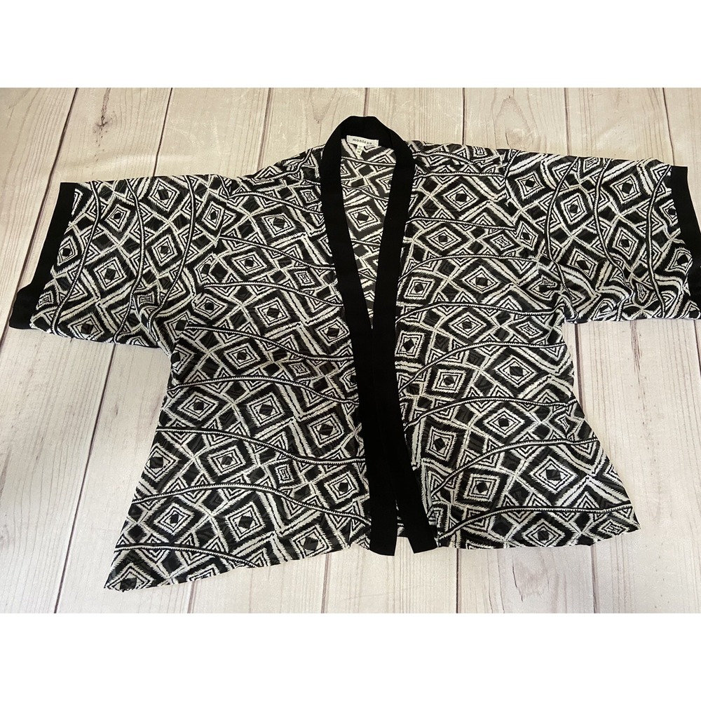 Monteau Los Angeles Sz MEDIUM Boho Sheer Open Front Kimono Top Black Geo EUC